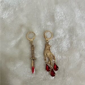 Gold and Red Dagger and Hand Earrings